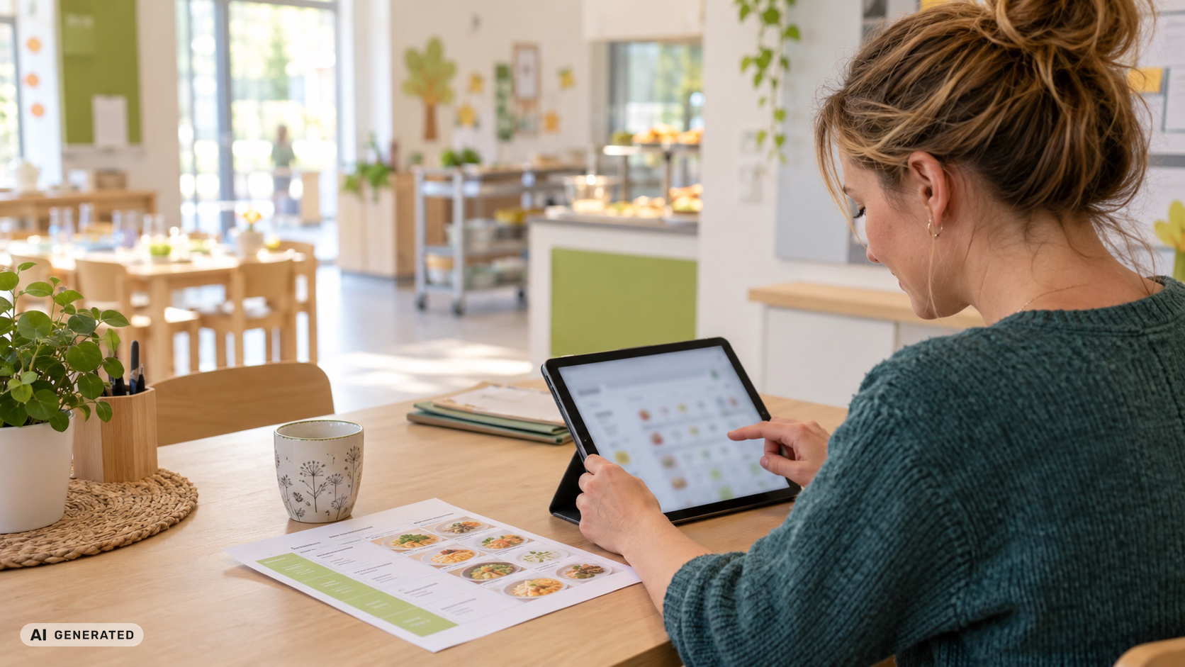 Erzieherin organisiert An- und Abmeldungen zum Mittagsmenü digital auf einem Tablet